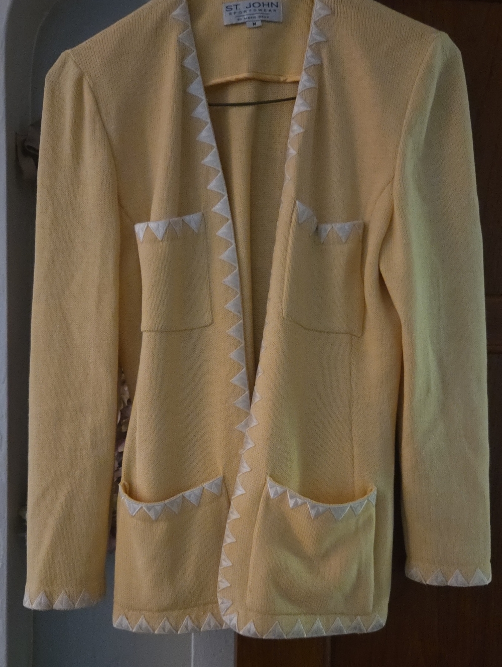 St. John Yellow Knit Open-Front Blazer with White Trim. Has A Small Tear.